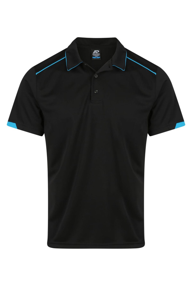 A black polo shirt with blue accents and a logo on the chest area.