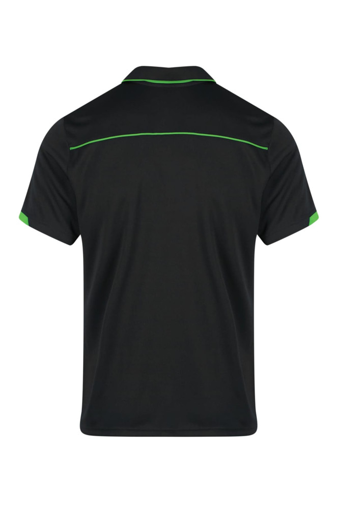 A black polo shirt with green accents and a logo on the back, featuring a classic collar and short sleeves.