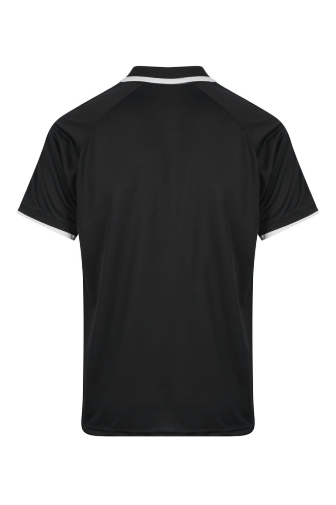 A black men's polo shirt featuring a contrasting collar and sleeve detail. The back view shows a smooth fabric and a logo.