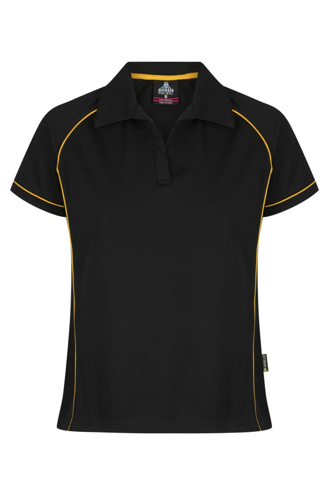 A black polo shirt with yellow piping and a collar, featuring branding on the label.