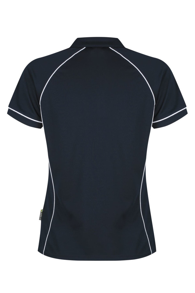 A navy polo shirt with white contrast stitching and a branded label on the side.