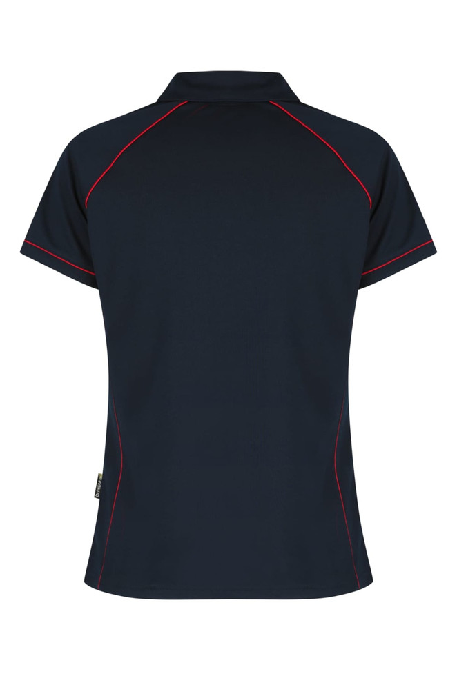 A navy polo shirt with red piping, featuring a collar and short sleeves. It includes a logo.