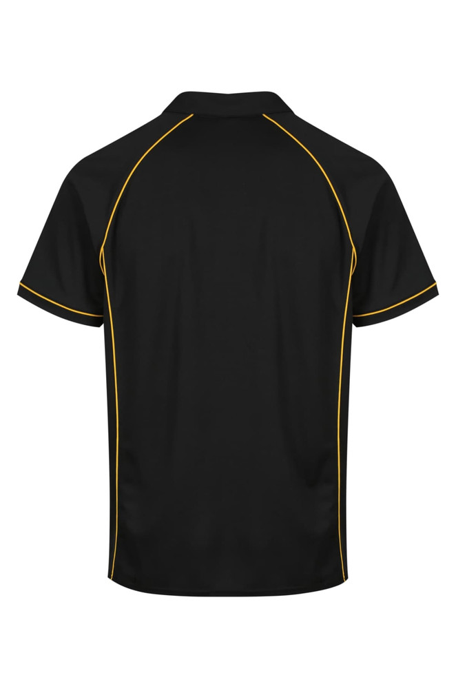 A black polo shirt with yellow accents and a logo, featuring a classic collar and short sleeves.