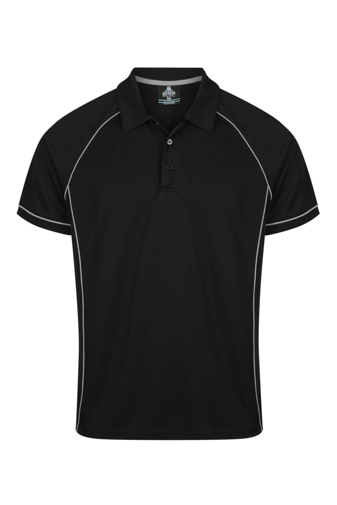 A black polo shirt with contrasting piping and a collar, featuring a logo on the front.