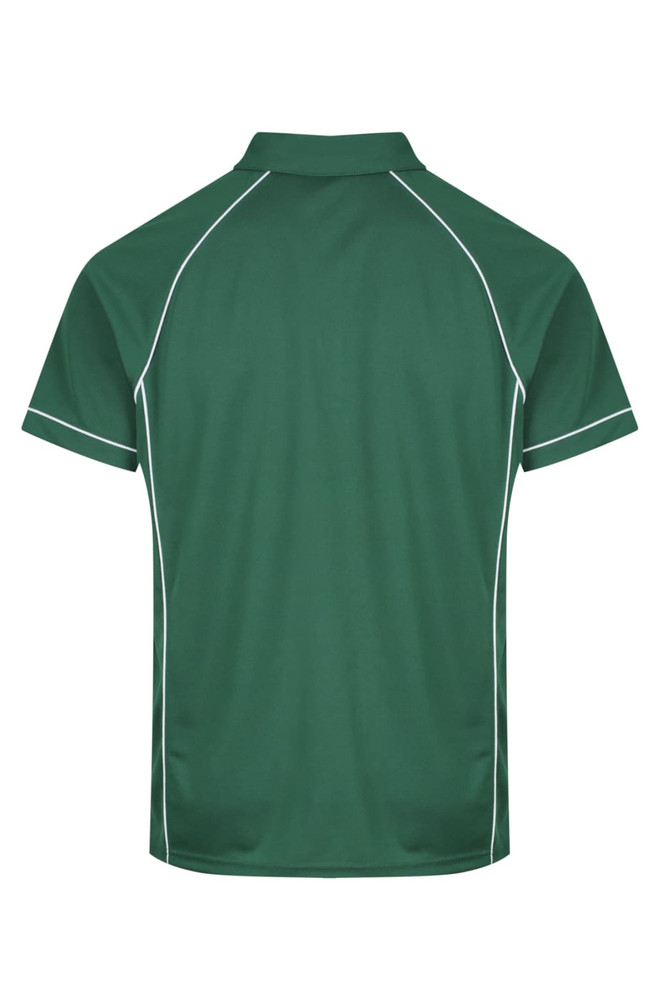 A green polo shirt with white piping details, featuring a back view. It has a collar and short sleeves.