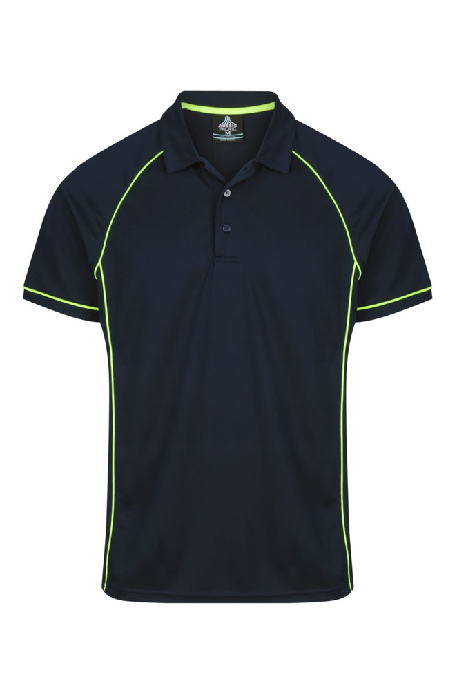 A navy polo shirt with contrasting neon yellow piping and a logo. Suitable for casual wear or sports.