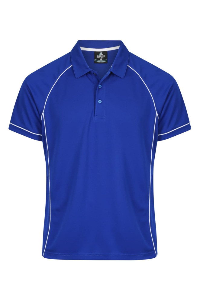 A blue polo shirt with contrasting white piping and a logo on the chest. Short sleeves and a classic collar design.