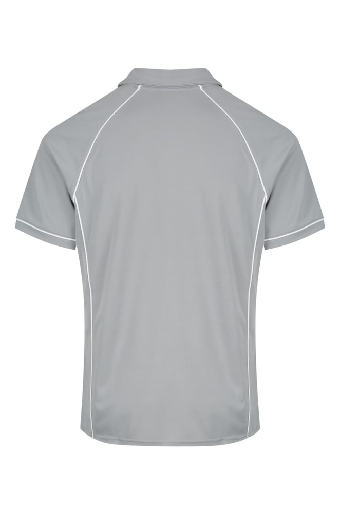 A grey polo shirt with contrasting white piping and a logo on the back.