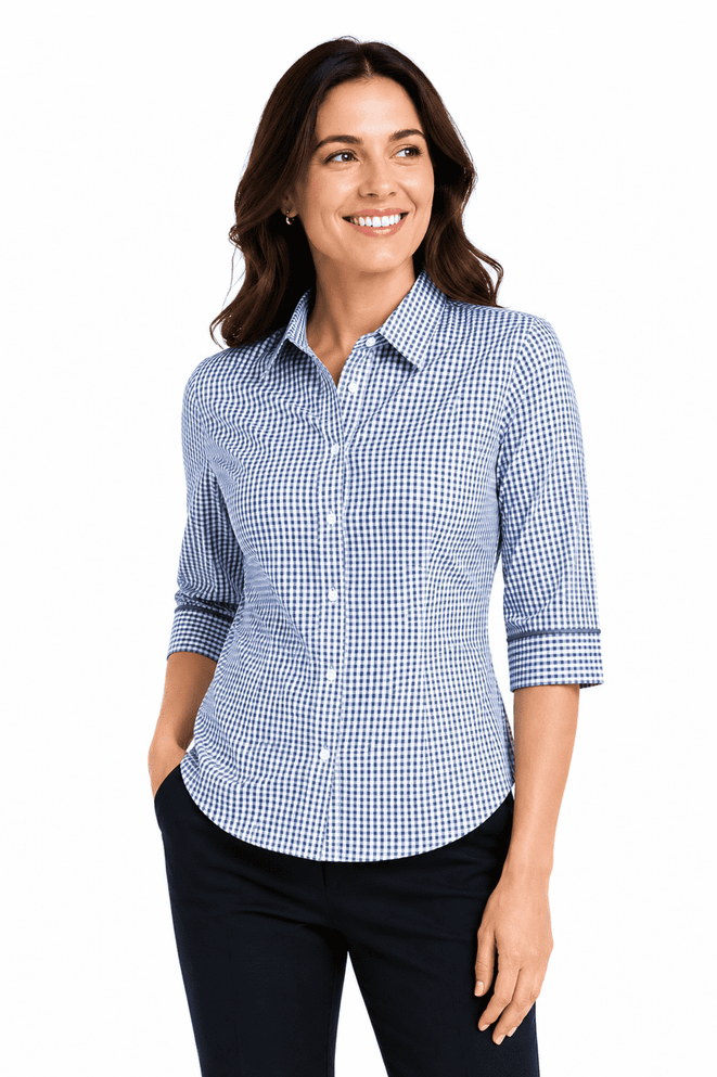 A button-up shirt featuring blue and white gingham checks with 3/4 sleeves, displayed on a model.