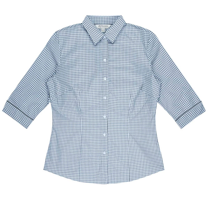 A blue and white checkered button-up shirt with 3/4 sleeves and a collar, featuring a logo.