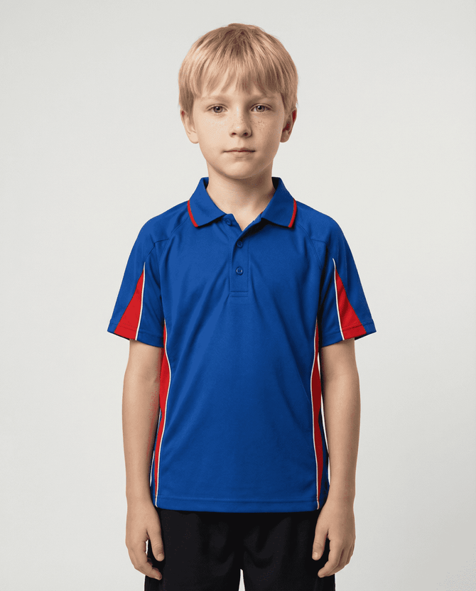 A blue polo shirt with red accents, worn by a child. The shirt features a collar and short sleeves.