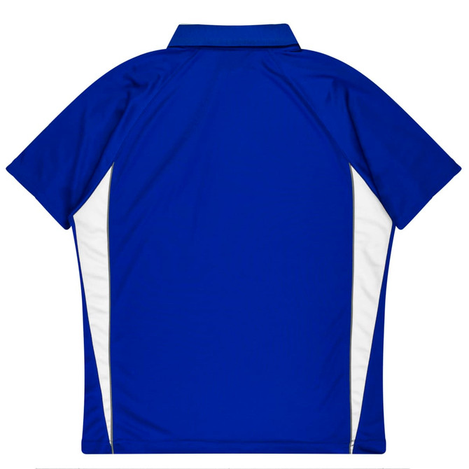 A blue polo shirt with white side panels and a collar. The back view displays the design and colour accents.