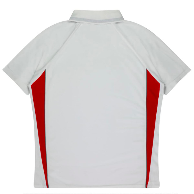 A white polo shirt with red side panels and a collar, featuring a logo on the back.