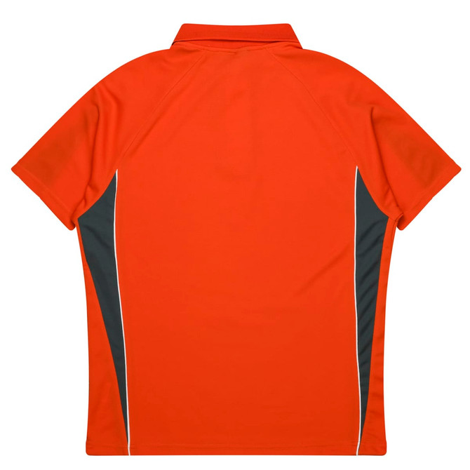 An orange polo shirt featuring grey side accents and a collar, with a logo on the back.