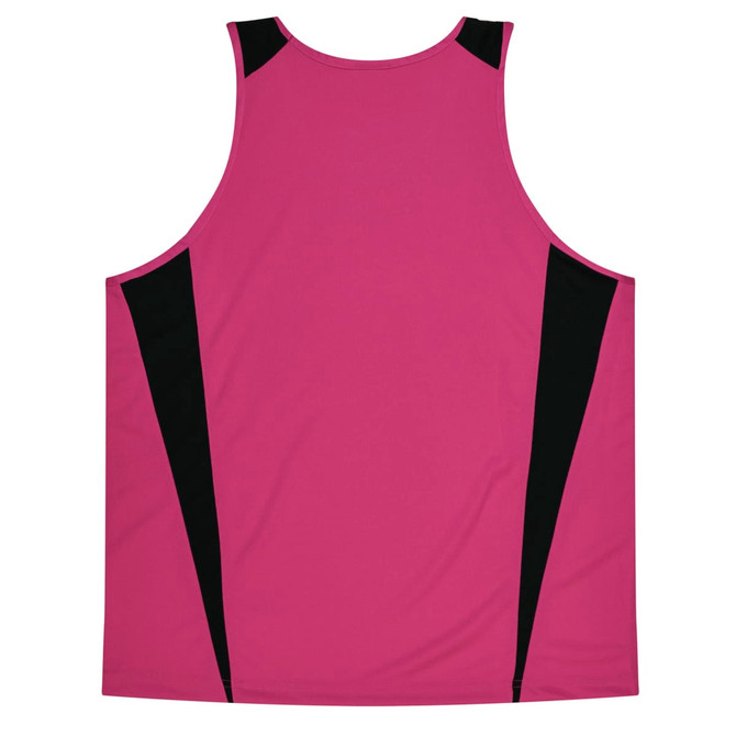 A sleeveless singlet in magenta with black side accents and a logo.