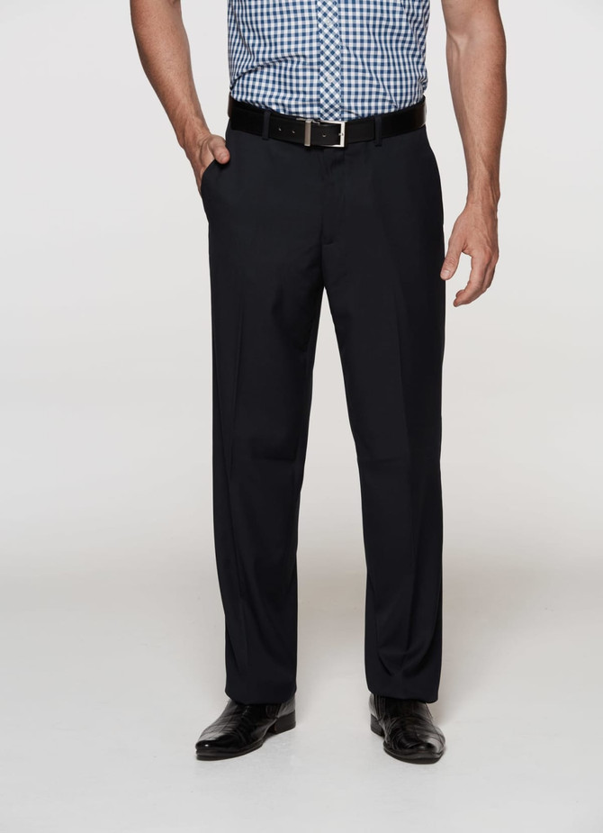 Flat front men's slacks in black, featuring a tailored fit and belt loops, worn with a checkered shirt.
