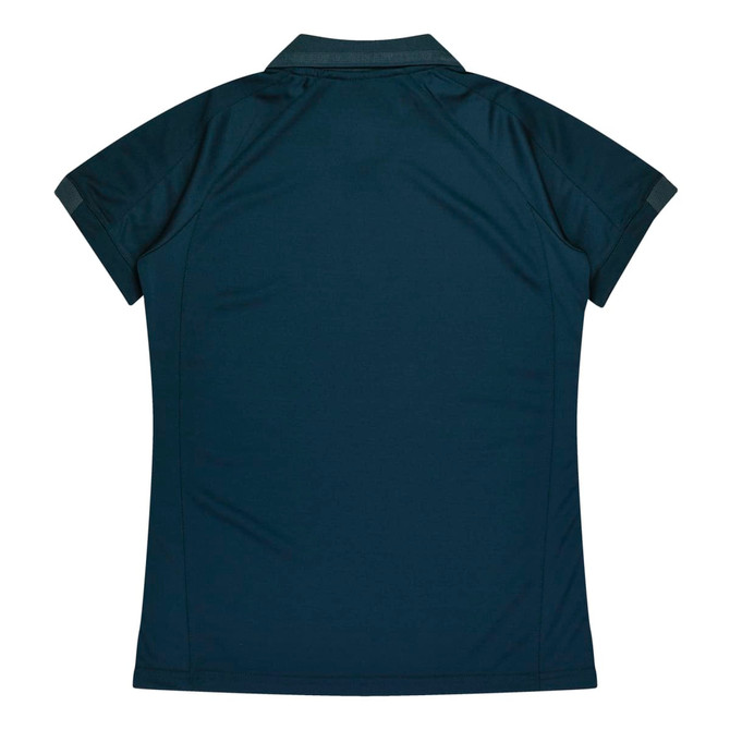 A dark teal polo shirt featuring a classic collar and short sleeves. The shirt has a logo on it.