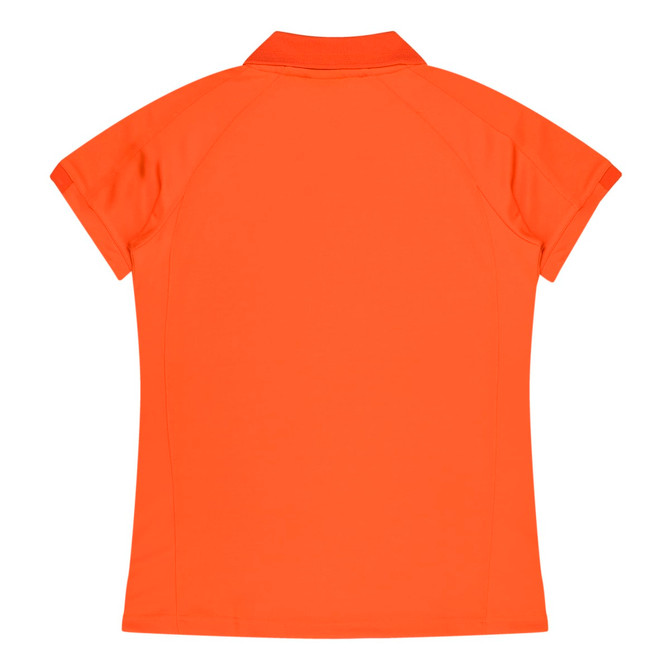 An orange polo shirt featuring a collared neckline and short sleeves, with a logo on the back.