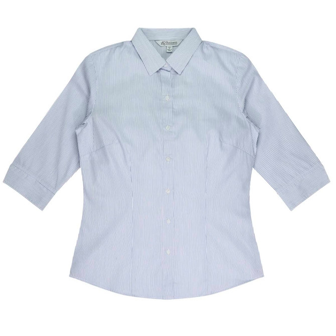 A button-up shirt in light blue and white stripes, featuring a collared neckline and 3/4 sleeves, with a logo.