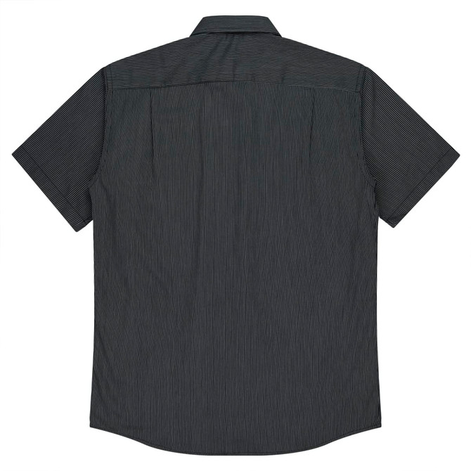 A short sleeve button-up shirt in dark grey with subtle vertical stripes, featuring a back yoke and collar.