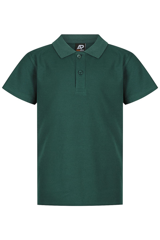 A green polo shirt for kids featuring a collar and three buttons, with a small logo on the neckline.