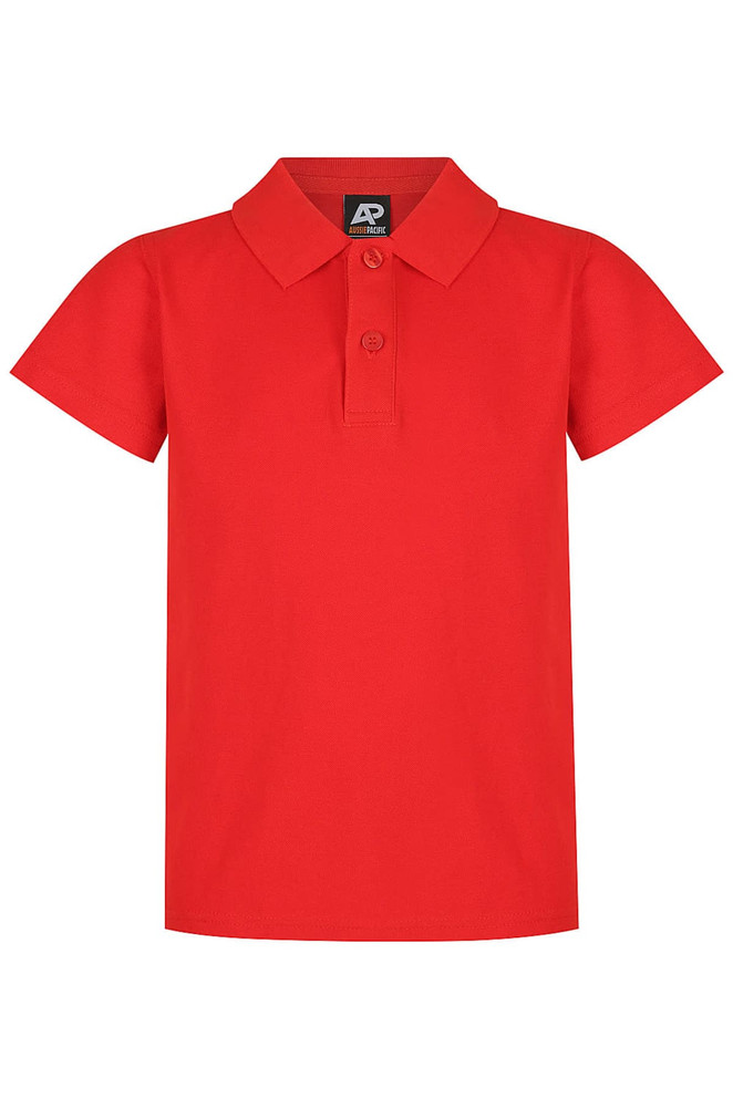 A red polo shirt for kids with a collared neck and two buttons, featuring a logo.