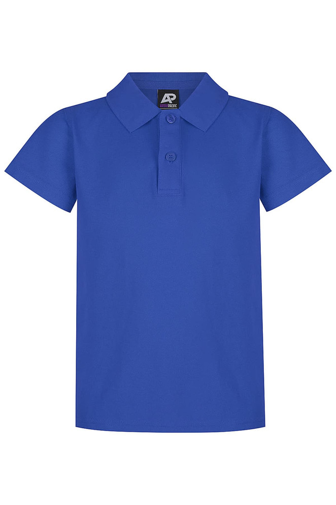 A blue polo shirt with a collar and button placket, featuring a logo on the label.