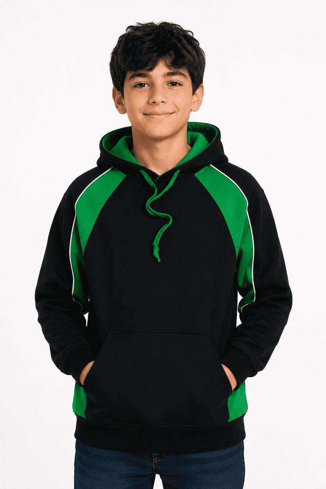 A black hoodie with green accents featuring a kangaroo pocket and drawstring hood, modelled by a young boy.