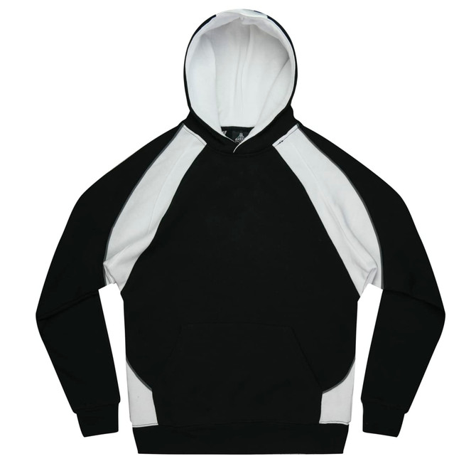 A black and white hoodie with a kangaroo pocket and a hood, featuring a logo on the chest.