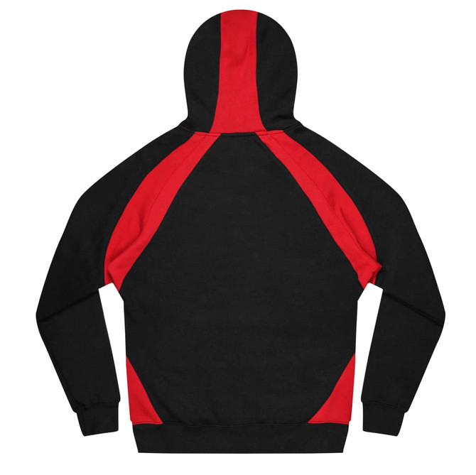 A black hoodie featuring red side panels and a hood, with a logo on the back.