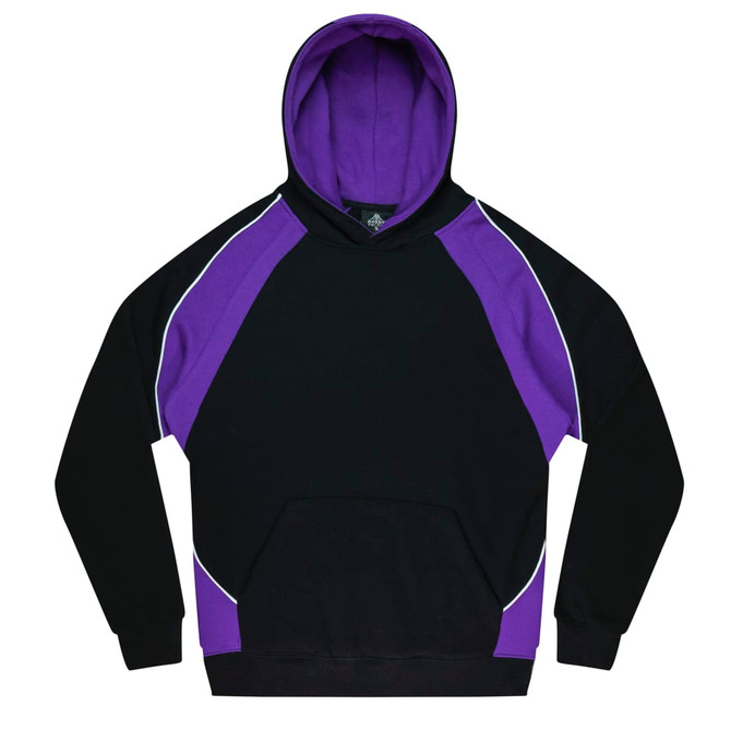 A black hoodie featuring purple accents and a kangaroo pocket. It has a hood and includes a logo.