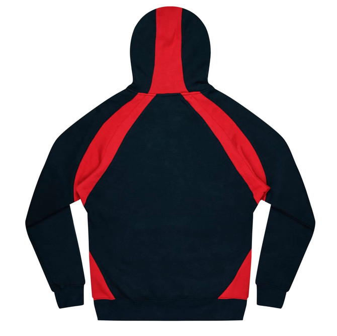 A hoodie featuring a black body with red accent panels on the sleeves and back, and a drawstring hood.