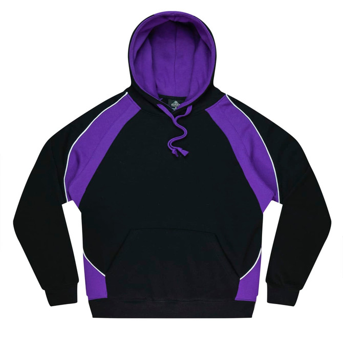 A black hoodie with purple accents and a purple hood, featuring a logo on the front.