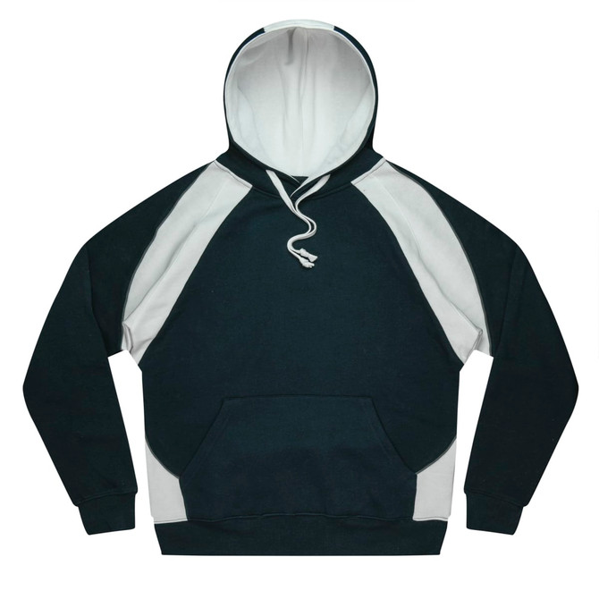 A black and white men's hoodie featuring a front pocket and a drawstring hood. It includes a logo.