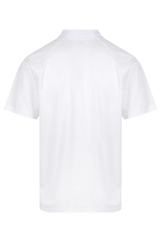 A white polo shirt with a modern cut and a logo on the back. Suitable for casual or semi-formal occasions.