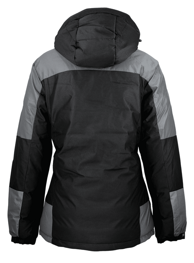 A women's jacket featuring a hood, primarily black with grey accents, showcasing a modern design.