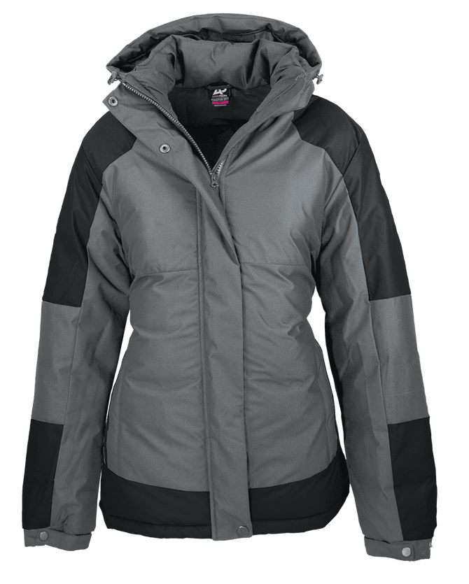 A women's jacket in grey with black accents, featuring a hood and zippered front, with branding.