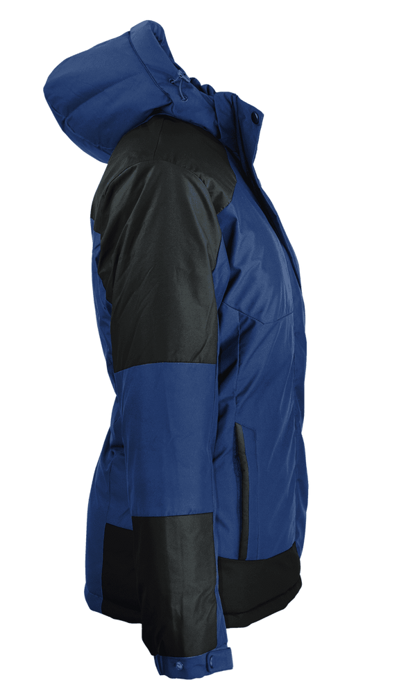 A blue and black jacket with a hood, featuring a branding logo on the sleeve.