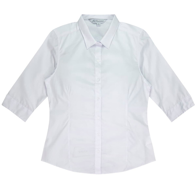 A white 3/4 sleeve button-up shirt with a classic collar and a logo on the label.