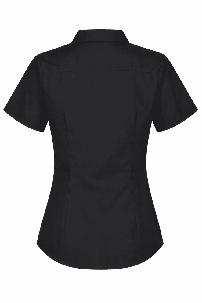 A short-sleeved black button-up shirt with a fitted design and back details. Features a logo.