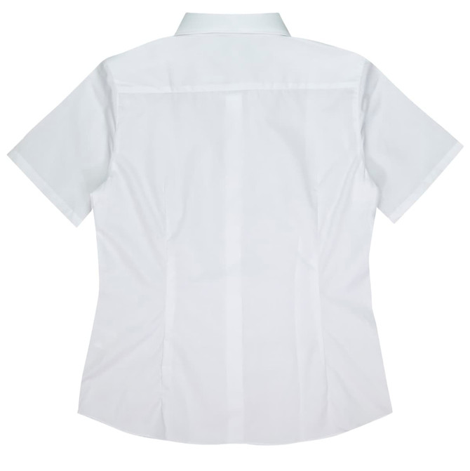 A white short-sleeve button-up shirt with a collar and a logo on the back.