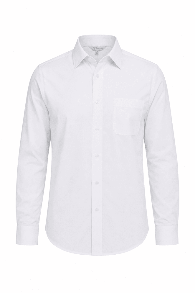 A white long sleeve button-up shirt with a collar and a single chest pocket. Features a logo on the label.