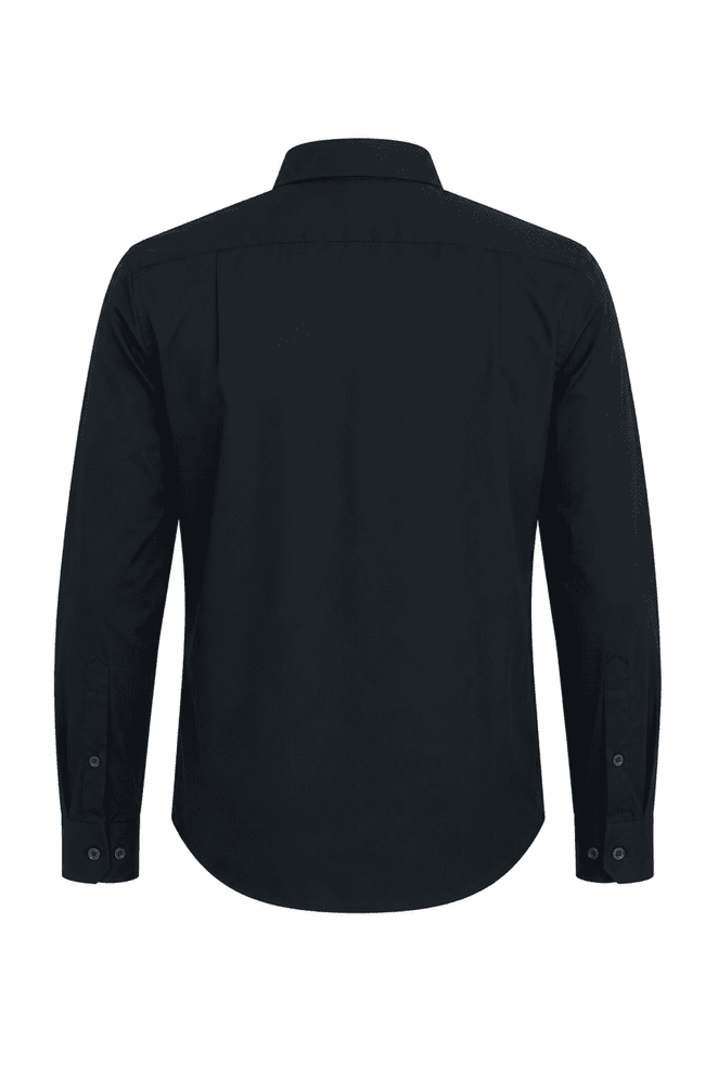 A long-sleeve button-up shirt in black, featuring a classic collar and a logo on the back.
