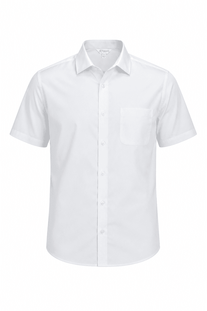 A short sleeve, button-up men's shirt in white with a single chest pocket. The shirt features a logo.