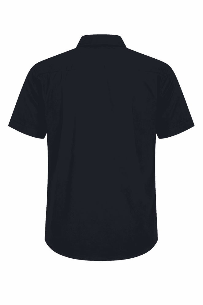 A short-sleeve men's button-up shirt in black with a plain back design and a collar.