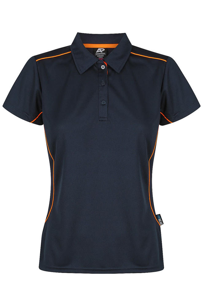 A dark navy polo shirt with short sleeves and orange piping accents. It features a collar and a brand logo.