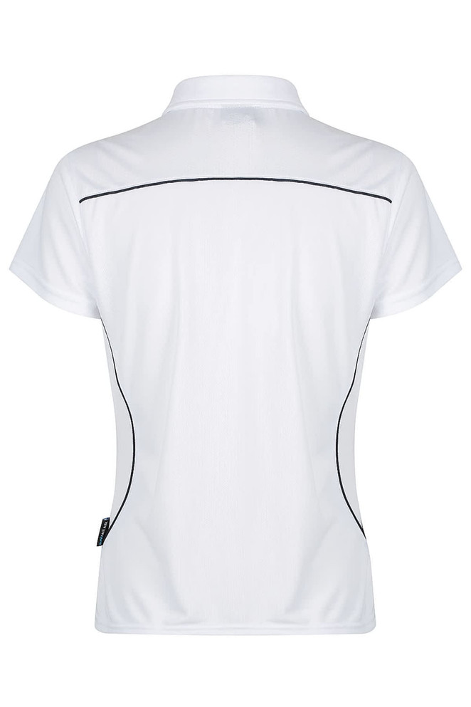 A white polo shirt featuring a fitted design with black piping and a logo at the hem.