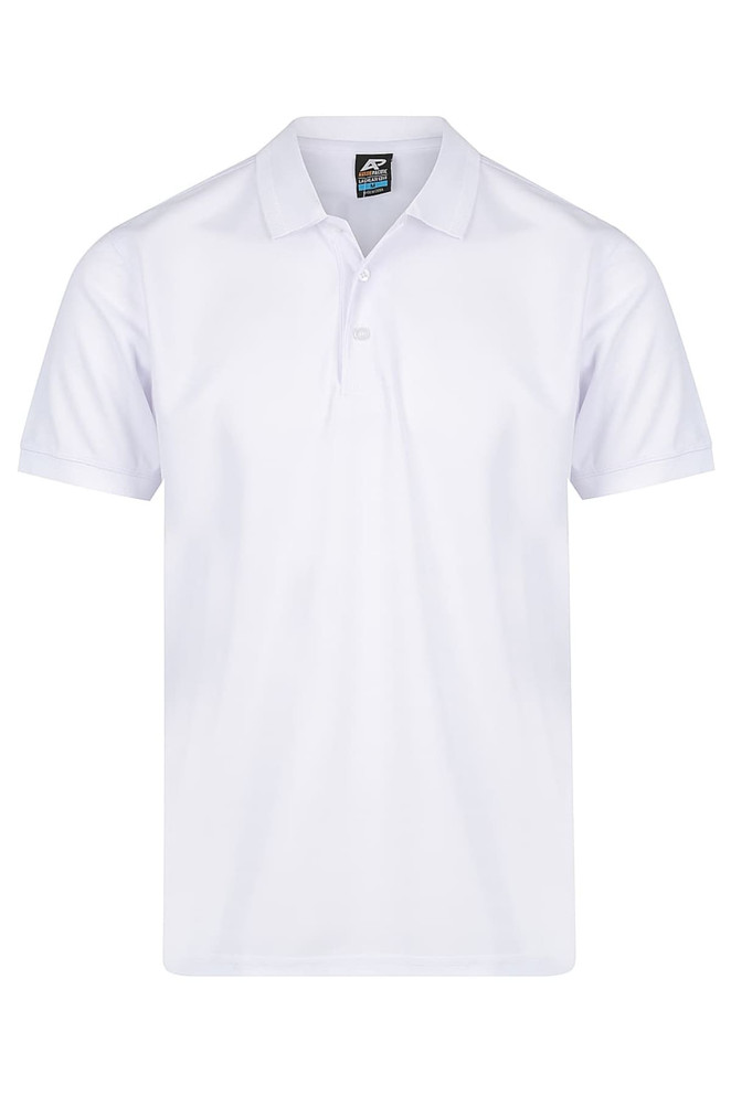 A white polo shirt featuring a collar and short sleeves, with a small logo on the chest area.