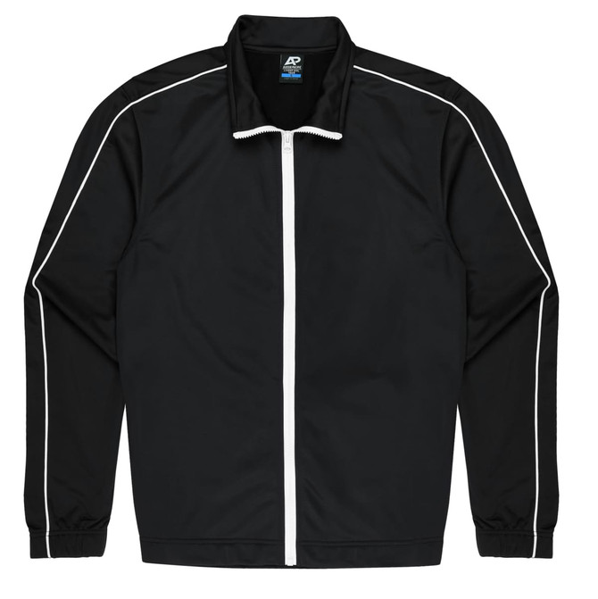 A black jacket with white piping, featuring a front zipper and a collar, includes a logo on the interior tag.
