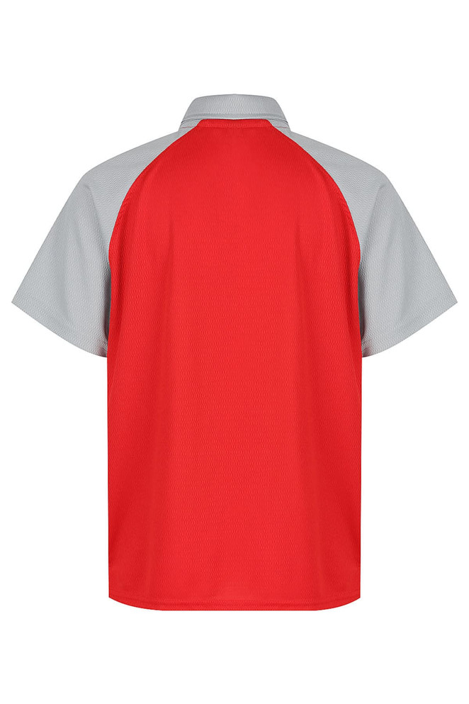 A red and grey polo shirt with short sleeves, featuring a back view and a logo.